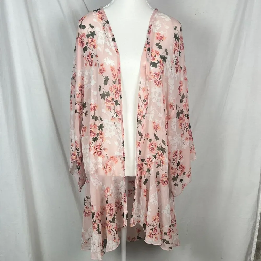 PerSeption Concept Pink Floral Frilly Longline Shawl Cardigan